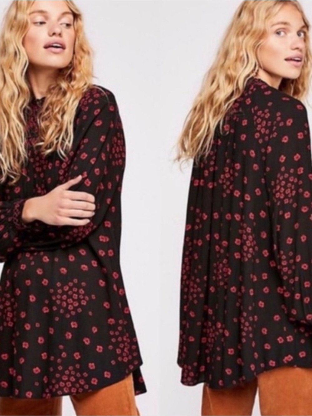 Free People “Flowers In Her Hair” Black Red Tunic Mini Dress Boho - Size XS